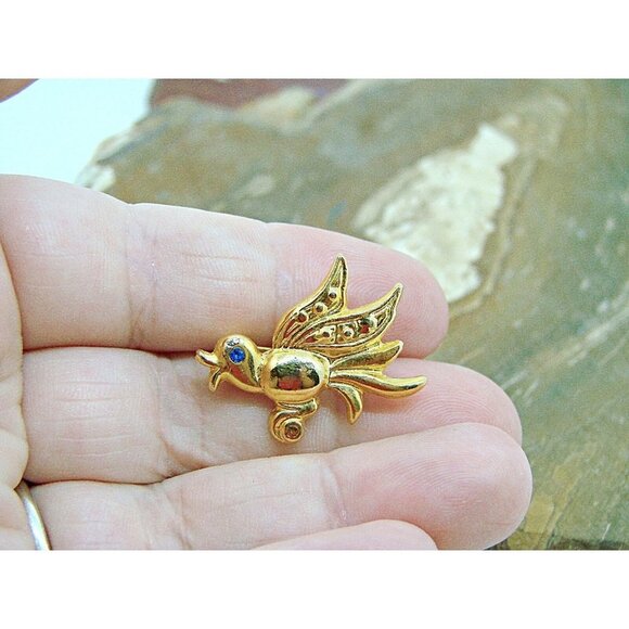 Vintage Road Runner Bird Brooch Blue Sapphire? Crystal Rhinestones Gold Tone 1x1 - Picture 6 of 12